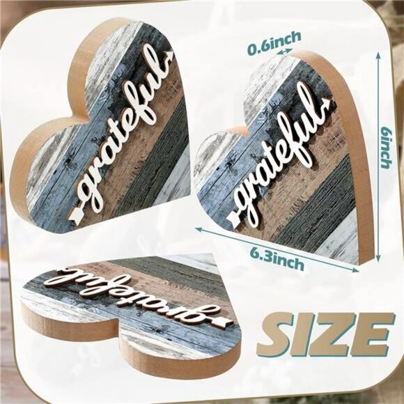 Rustic Heart Table Decor Set Wood Farmhouse Shelf Sign Grateful Love Gift - Picture 2 of 7